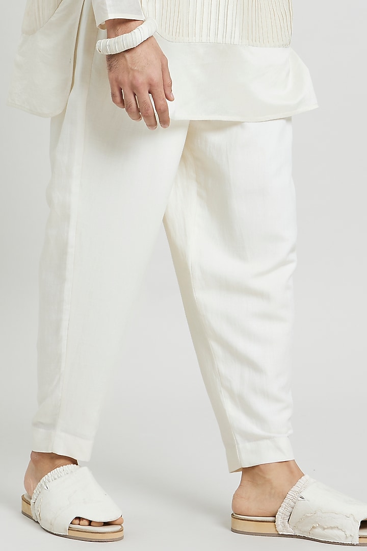Ivory Poplin Lycra Trousers by Antar Agni Men at Pernia's Pop Up Shop