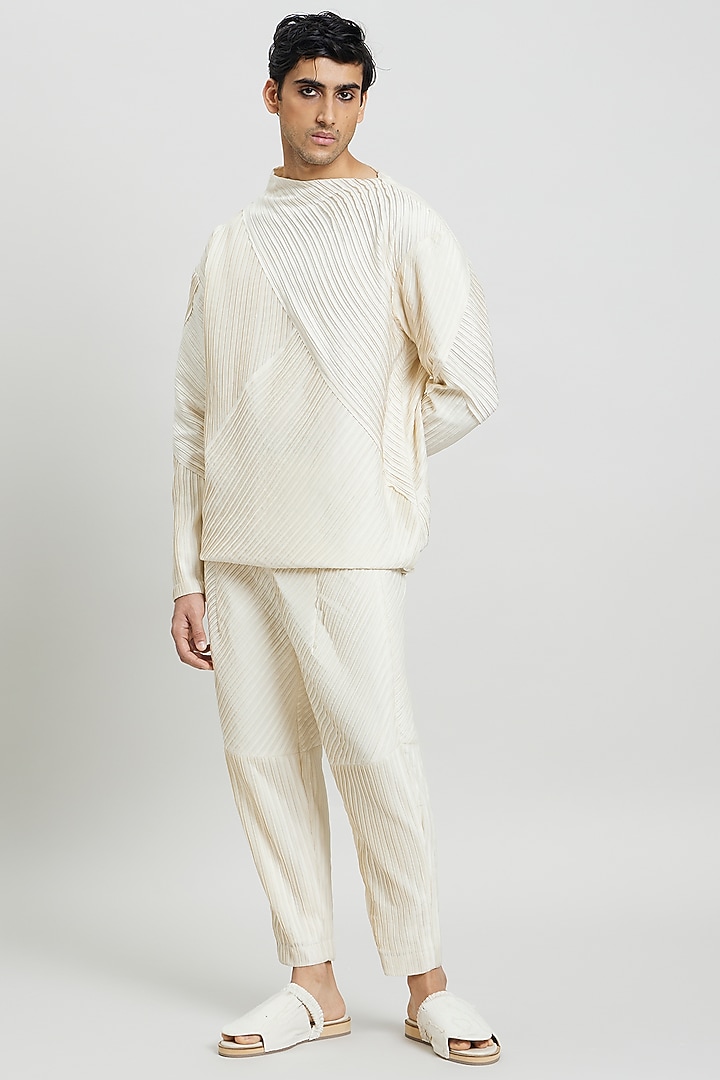 Ivory Cotton Silk Trousers by Antar Agni Men at Pernia's Pop Up Shop
