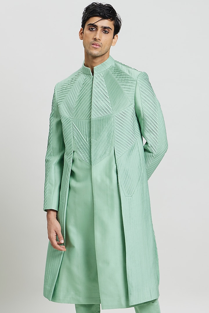 Mint Green Cotton Silk Indo-Western Jacket by Antar Agni Men at Pernia's Pop Up Shop