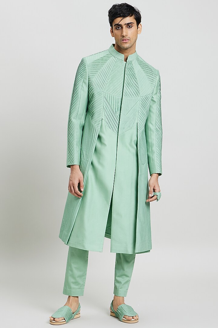 Mint Green Cotton Silk Indo-Western Jacket by Antar Agni Men at Pernia's Pop Up Shop