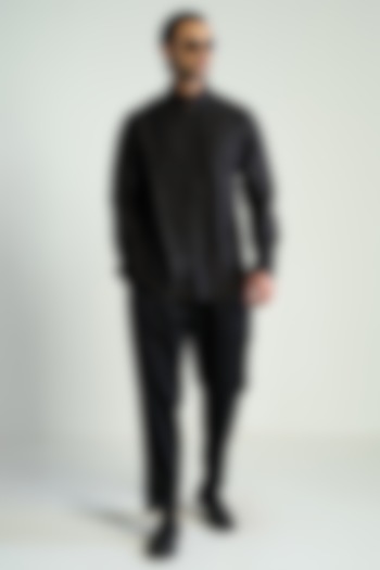 Black Cotton Silk Satin Embroidered Wedding Shirt by Antar Agni Men at Pernia's Pop Up Shop