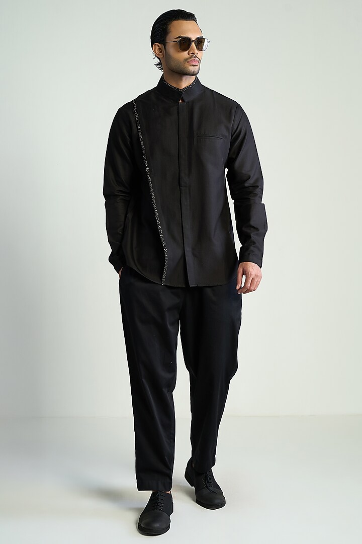 Black Cotton Silk Satin Embroidered Wedding Shirt by Antar Agni Men at Pernia's Pop Up Shop