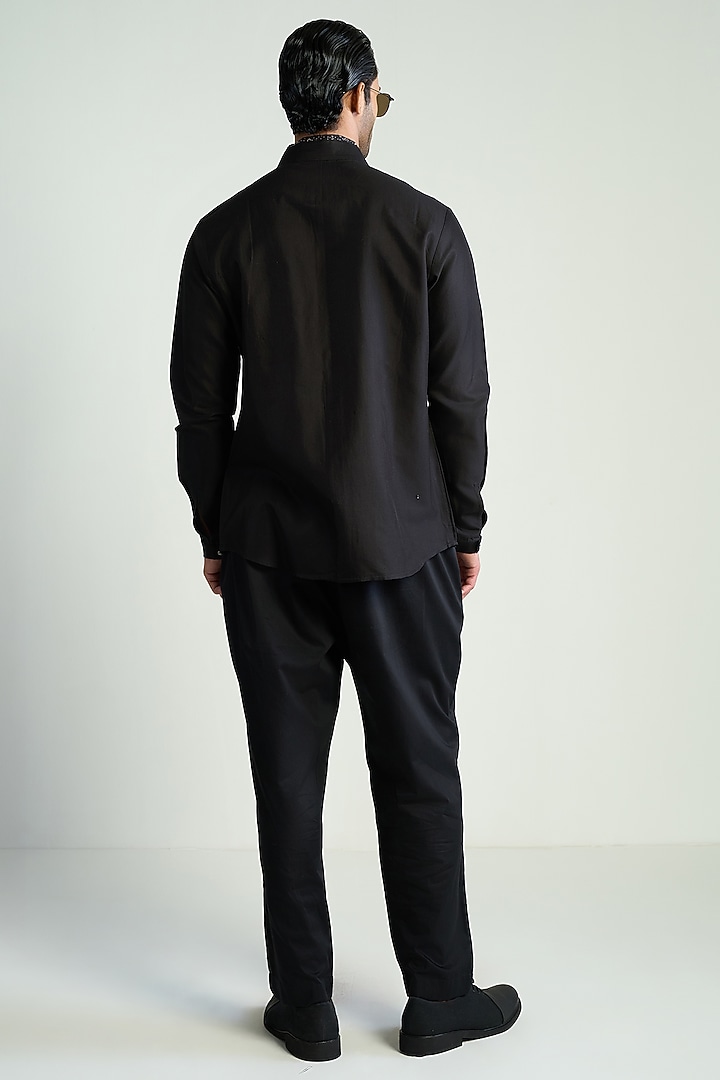 Black Cotton Silk Satin Embroidered Wedding Shirt by Antar Agni Men at Pernia's Pop Up Shop