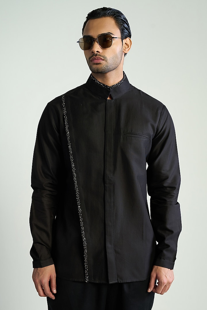 Black Cotton Silk Satin Embroidered Wedding Shirt by Antar Agni Men at Pernia's Pop Up Shop