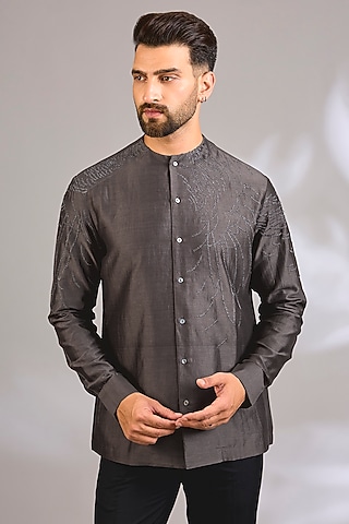 Grey Cotton Silk Shirt by Antar Agni Men