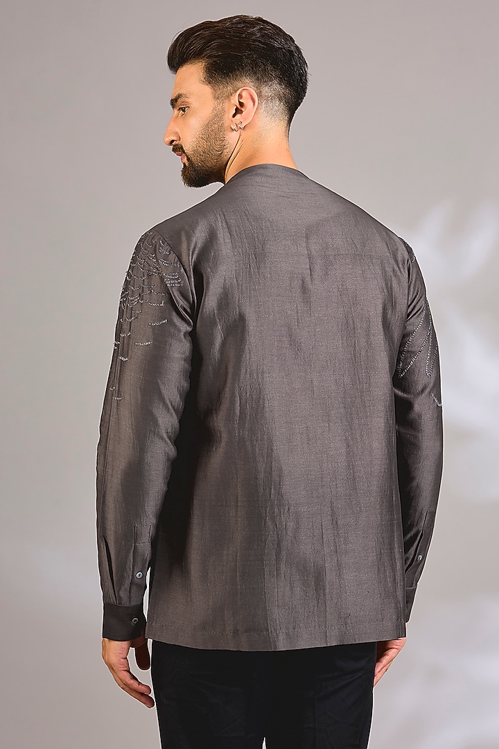 Grey Cotton Silk Wedding Shirt by Antar Agni Men at Pernia's Pop Up Shop