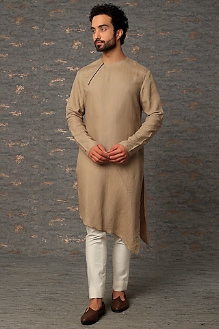 Stone Grey Linen Blend Asymmetrical Kurta by Antar Agni Men