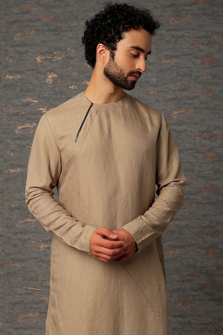 Stone Grey Linen Blend Asymmetrical Kurta by Antar Agni Men at Pernia's Pop Up Shop