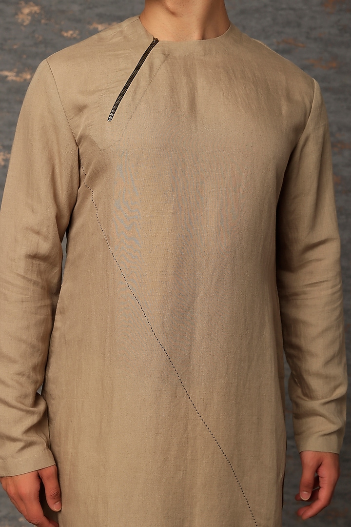 Stone Grey Linen Blend Asymmetrical Kurta by Antar Agni Men at Pernia's Pop Up Shop