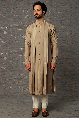 Stone Grey Silk Blend Draped Kurta by Antar Agni Men
