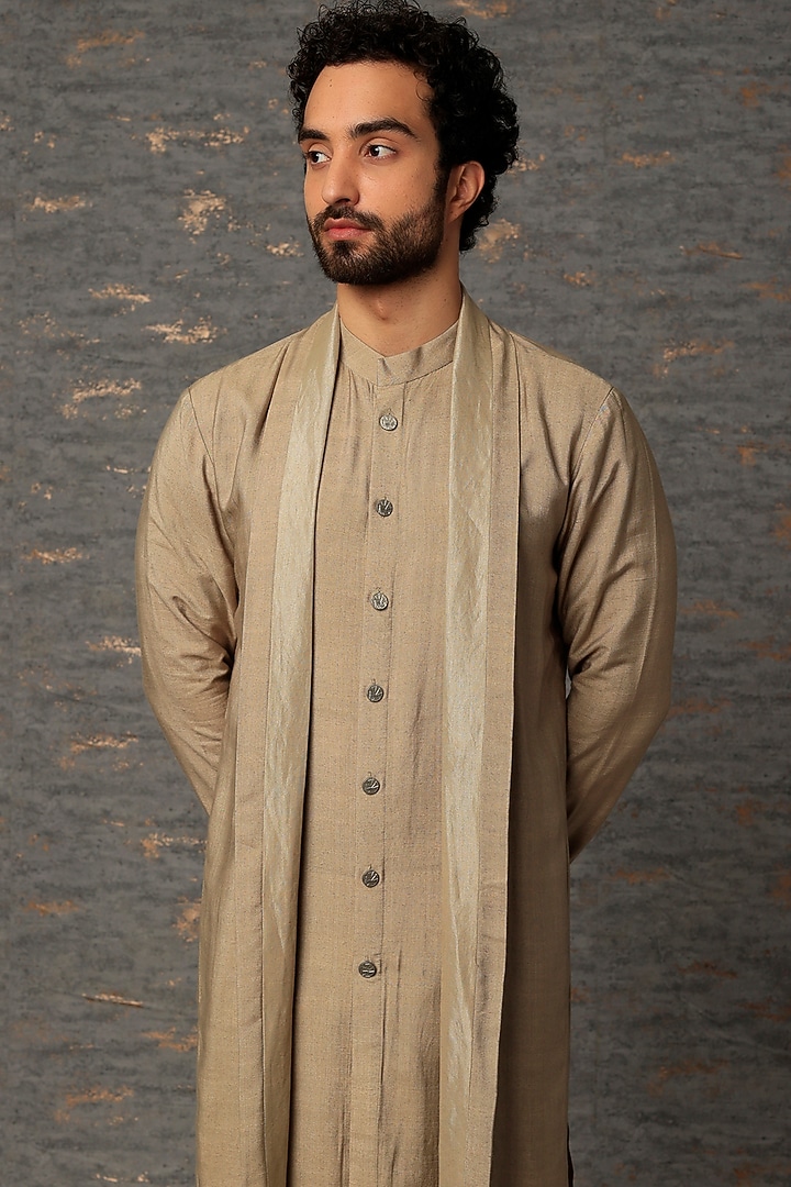 Stone Grey Silk Blend Draped Kurta by Antar Agni Men at Pernia's Pop Up Shop