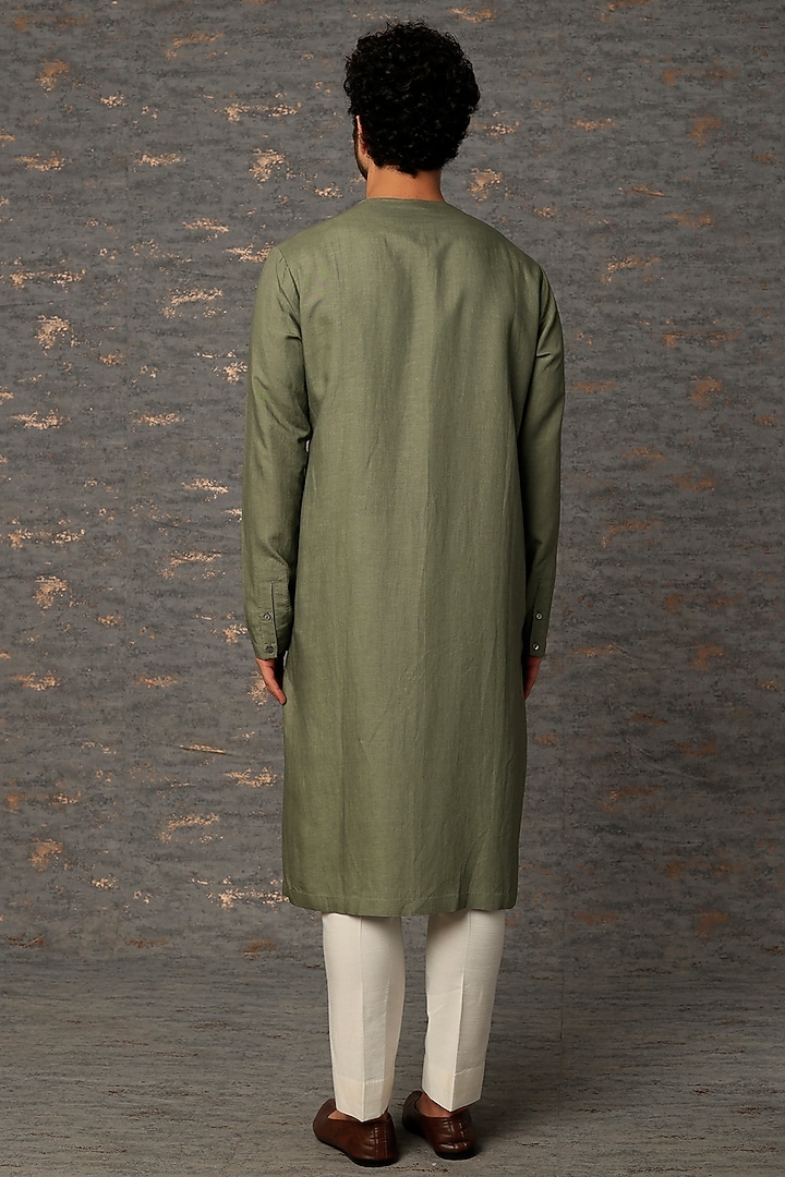 Olive Green Linen Blend Kurta by Antar Agni Men at Pernia's Pop Up Shop