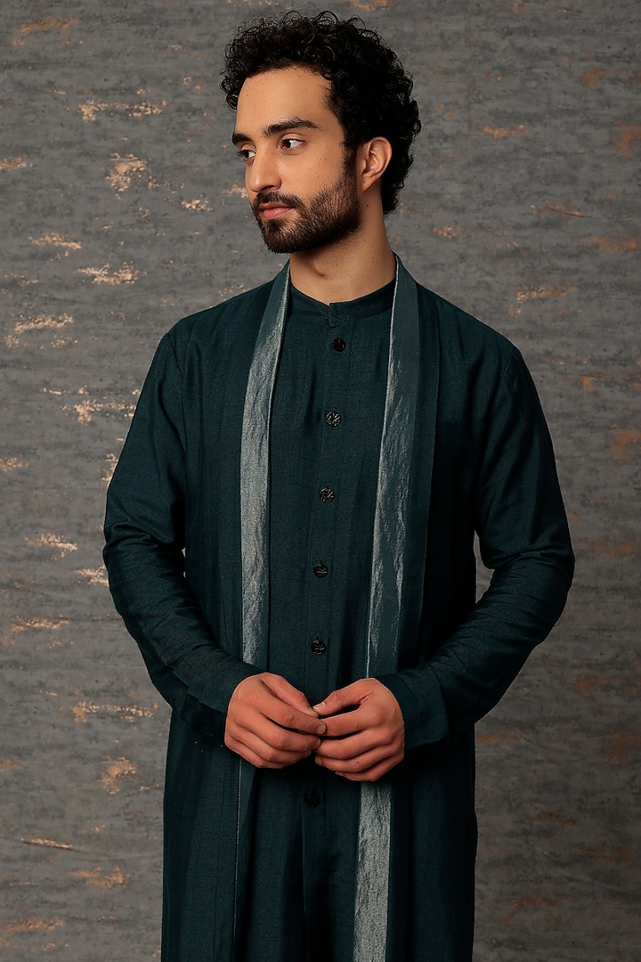 Pine Green Silk Blend Draped Kurta by Antar Agni Men at Pernia's Pop Up Shop