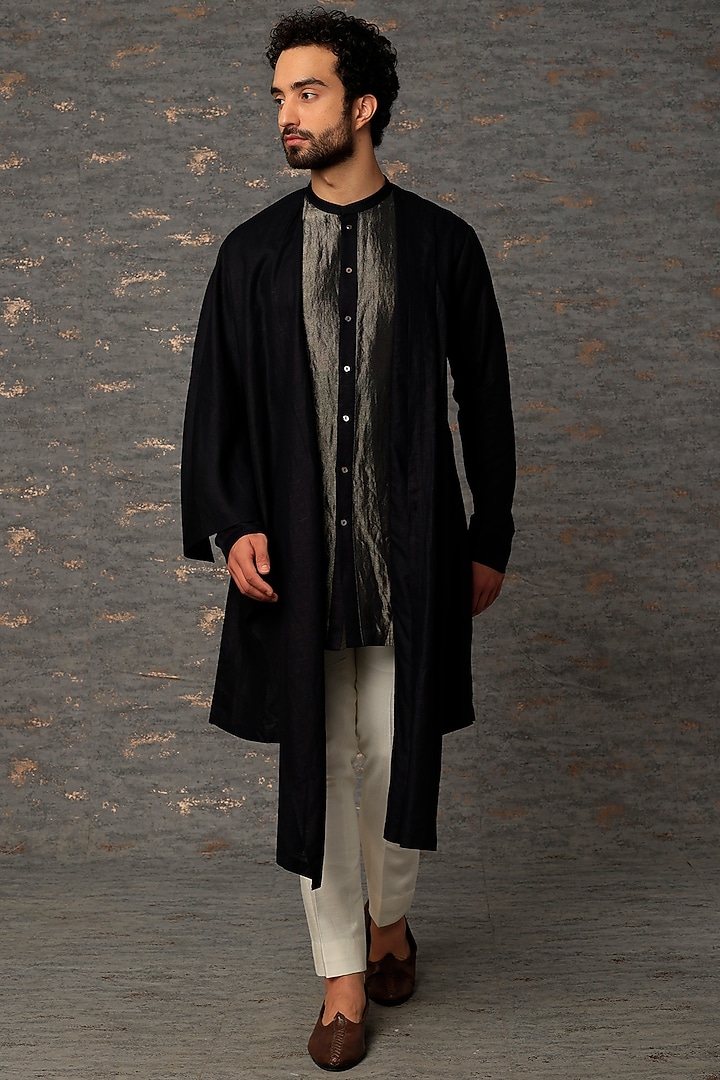 Black Linen Blend & Tissue Kurta by Antar Agni Men at Pernia's Pop Up Shop