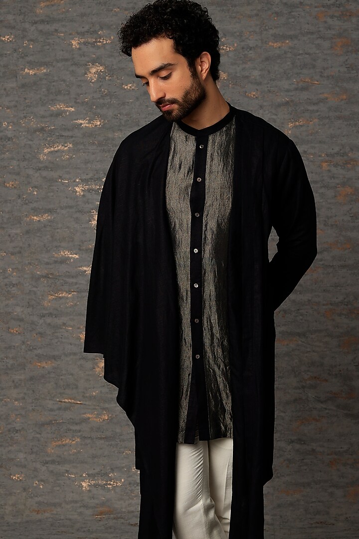 Black Linen Blend & Tissue Kurta by Antar Agni Men at Pernia's Pop Up Shop