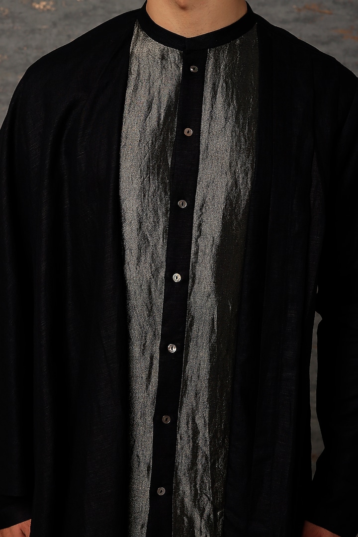 Black Linen Blend & Tissue Kurta by Antar Agni Men at Pernia's Pop Up Shop