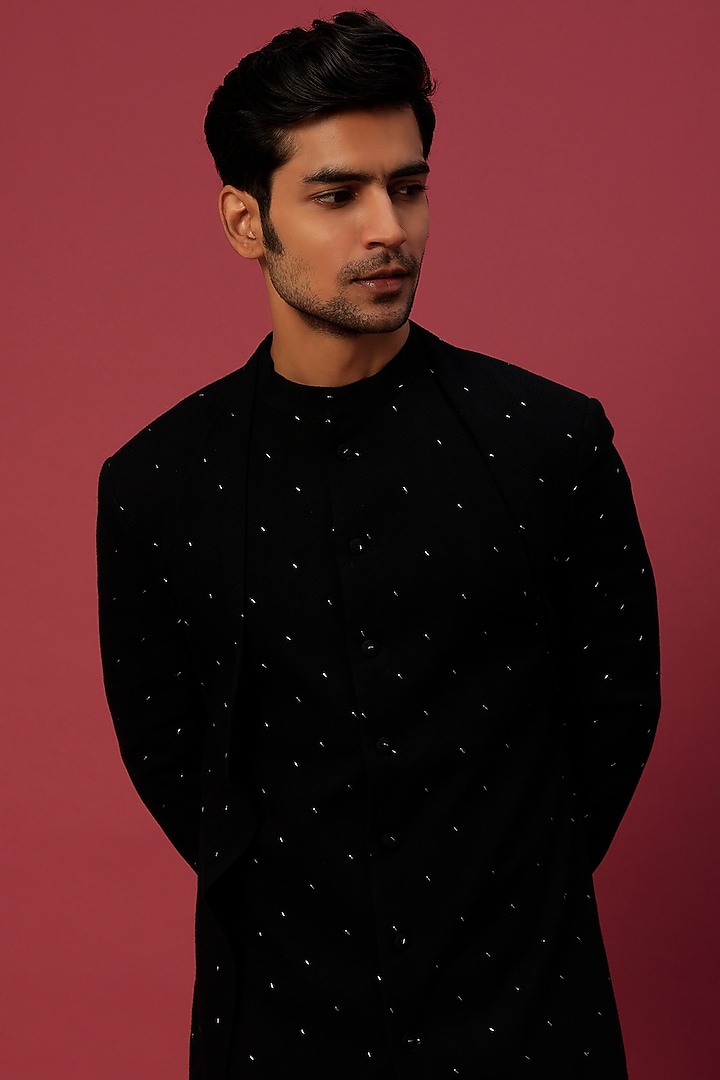 Black Embroidered Wedding Sherwani by Antar Agni Men at Pernia's Pop Up Shop
