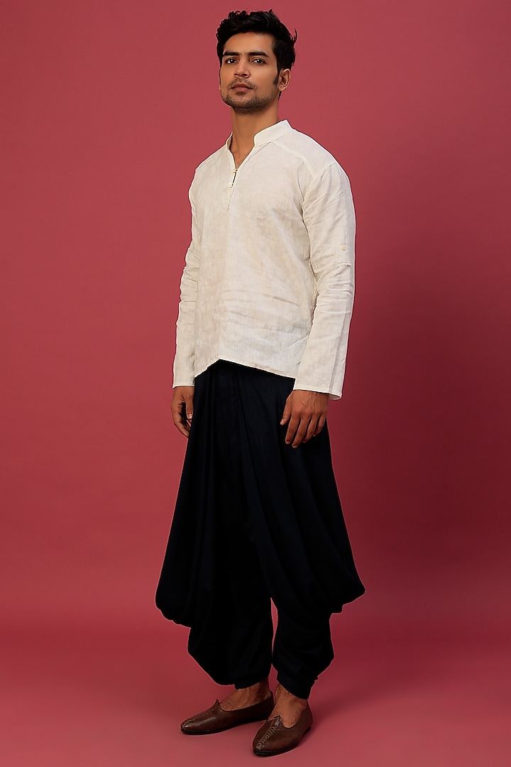 Navy Blue Linen Blend Draped Salwar Pants by Antar Agni Men