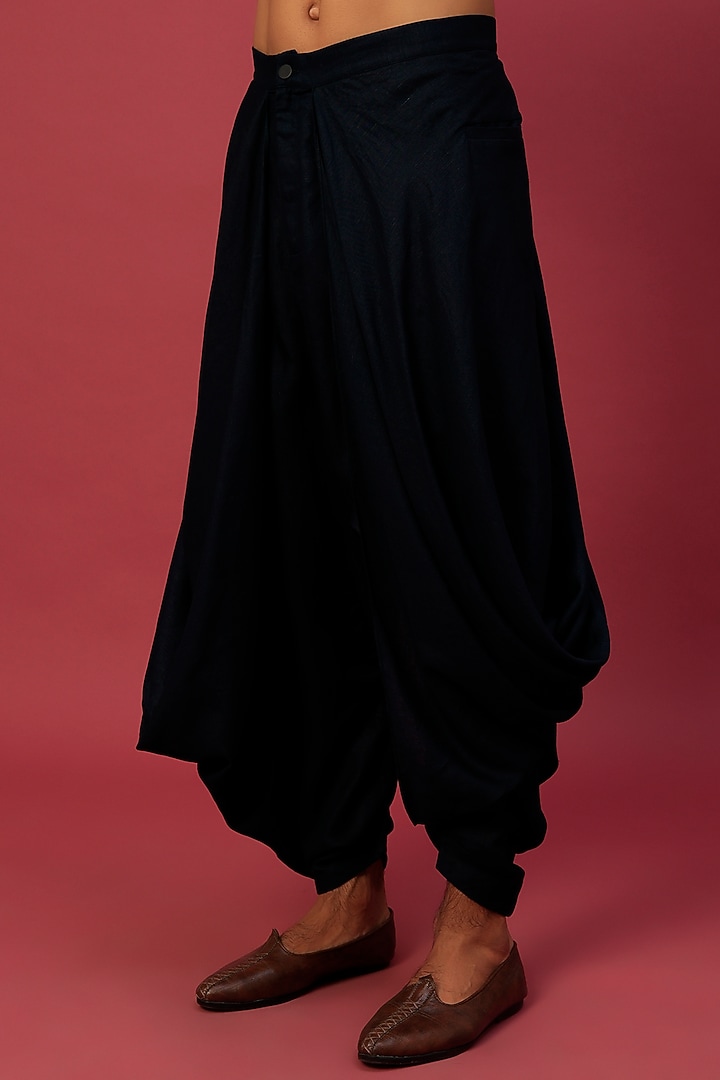 Navy Blue Linen Blend Draped Salwar Pants by Antar Agni Men at Pernia's Pop Up Shop