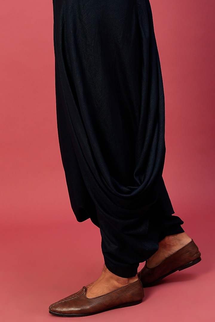 Navy Blue Linen Blend Draped Salwar Pants by Antar Agni Men at Pernia's Pop Up Shop