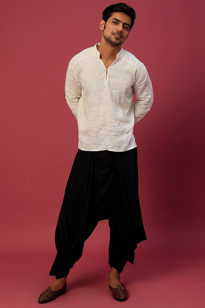 Black Linen Blend Draped Salwar Pants by Antar Agni Men at Pernia's Pop Up Shop