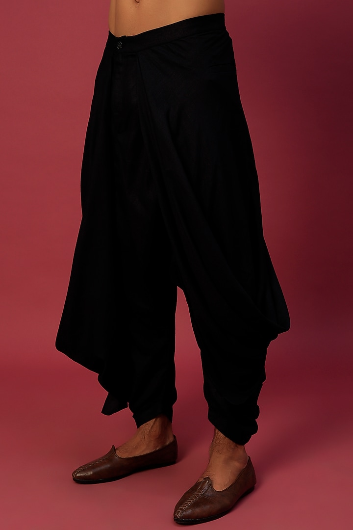 Black Linen Blend Draped Salwar Pants by Antar Agni Men at Pernia's Pop Up Shop