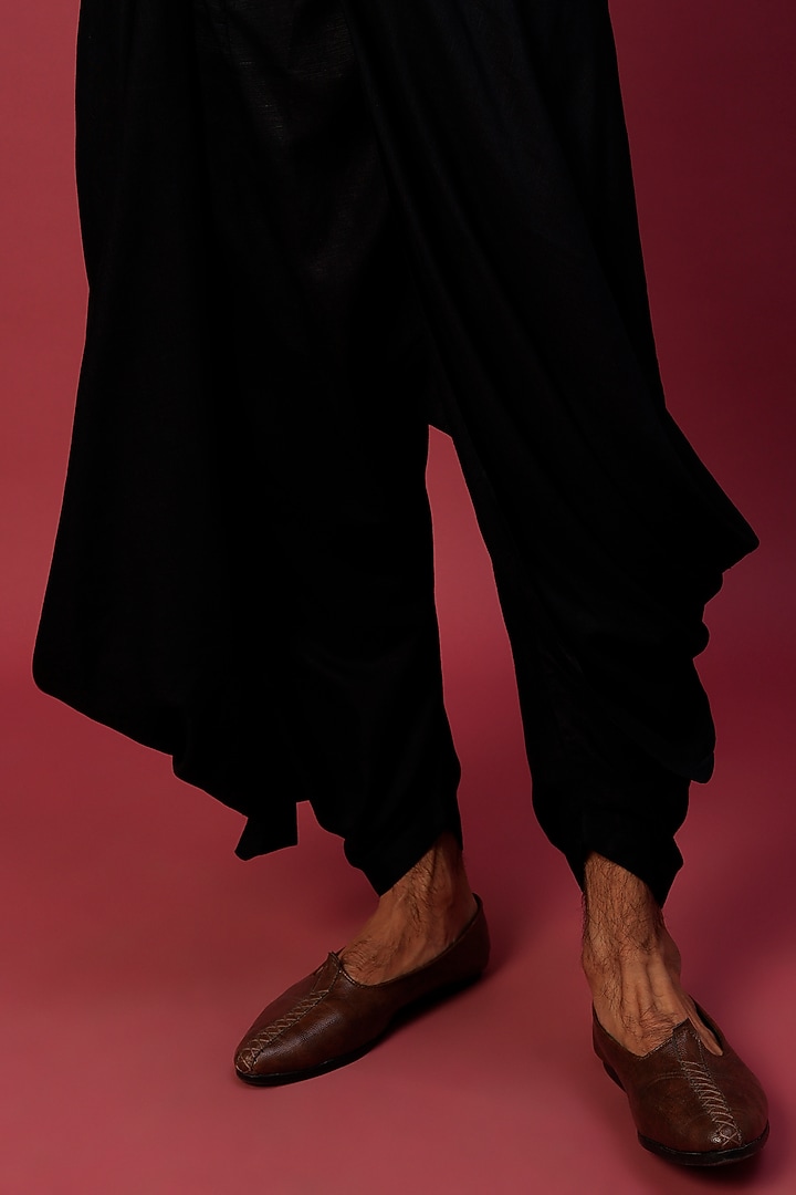 Black Linen Blend Draped Salwar Pants by Antar Agni Men at Pernia's Pop Up Shop