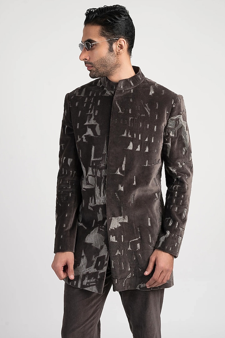 Grey Velvet Groom Bandhgala by Antar Agni Men at Pernia's Pop Up Shop