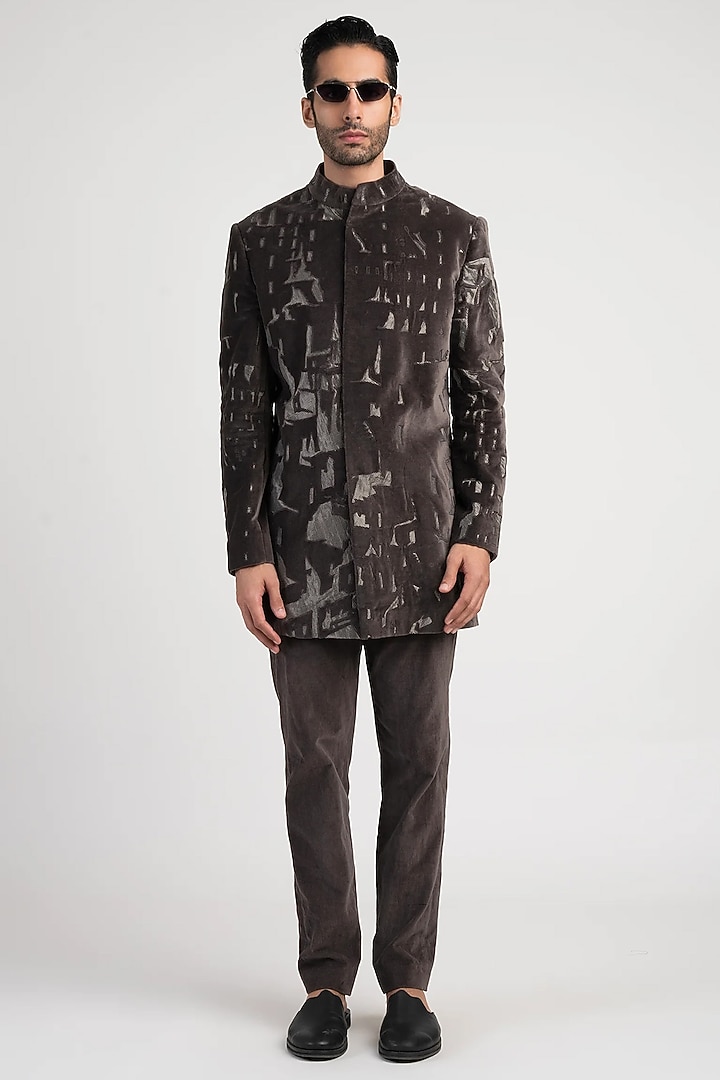 Grey Velvet Groom Bandhgala by Antar Agni Men at Pernia's Pop Up Shop