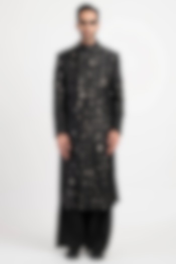 Black Cotton Silk Long Jacket by Antar Agni Men at Pernia's Pop Up Shop