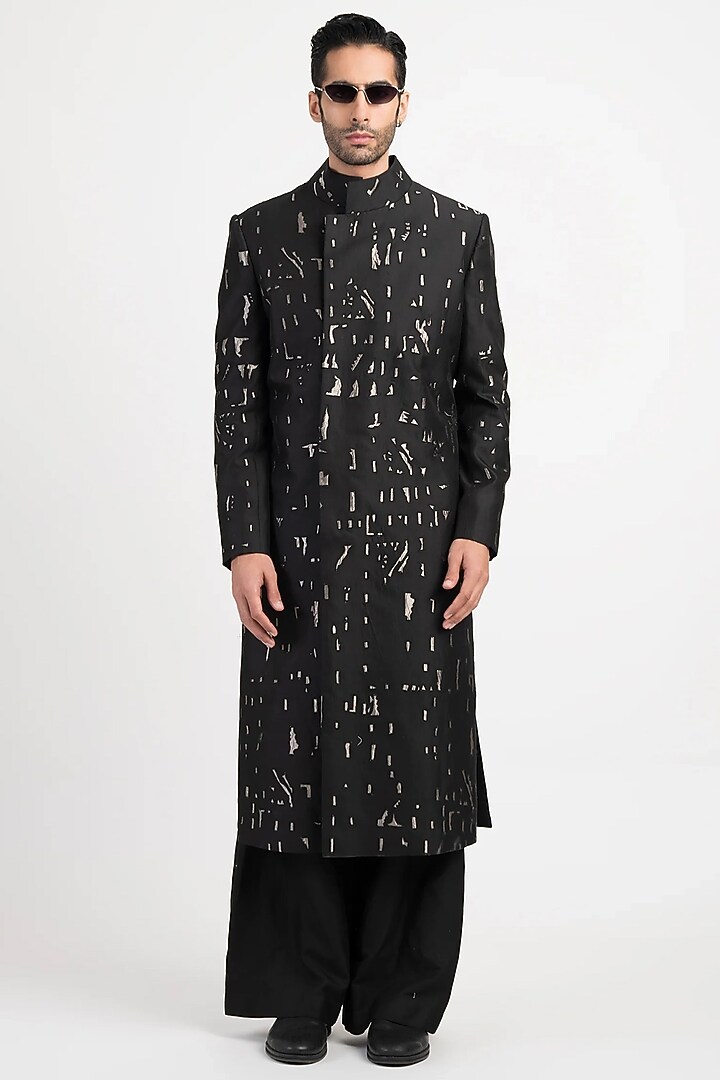 Black Cotton Silk Long Jacket by Antar Agni Men at Pernia's Pop Up Shop