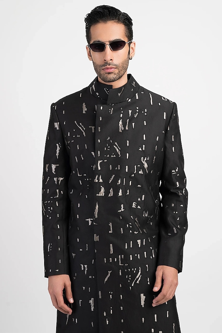 Black Cotton Silk Long Jacket by Antar Agni Men at Pernia's Pop Up Shop