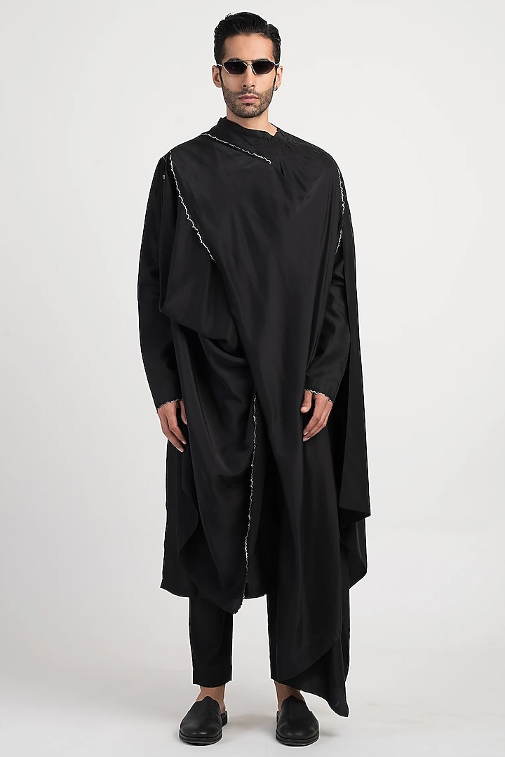 Black Silk Monk Kurta by Antar Agni Men at Pernia's Pop Up Shop