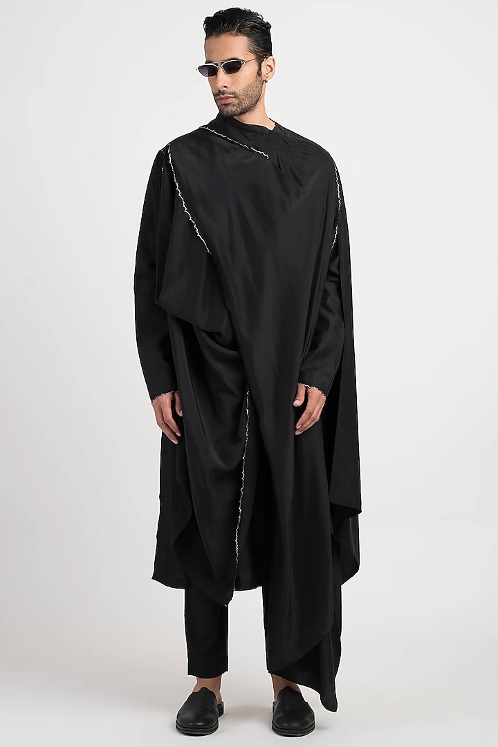 Black Silk Monk Kurta by Antar Agni Men at Pernia's Pop Up Shop