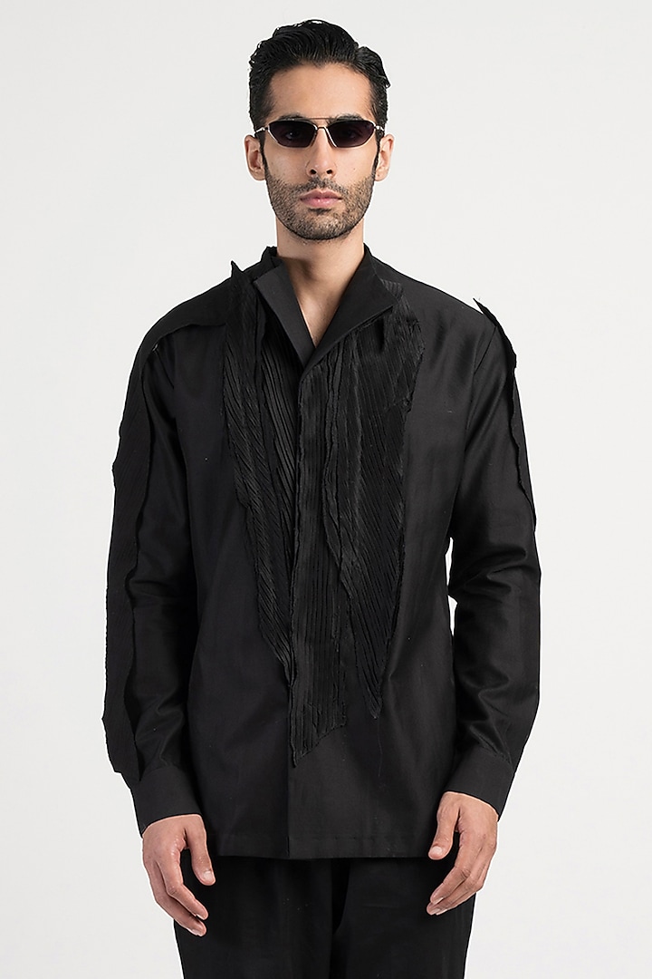 Black Silk Satin Wedding Shirt by Antar Agni Men at Pernia's Pop Up Shop