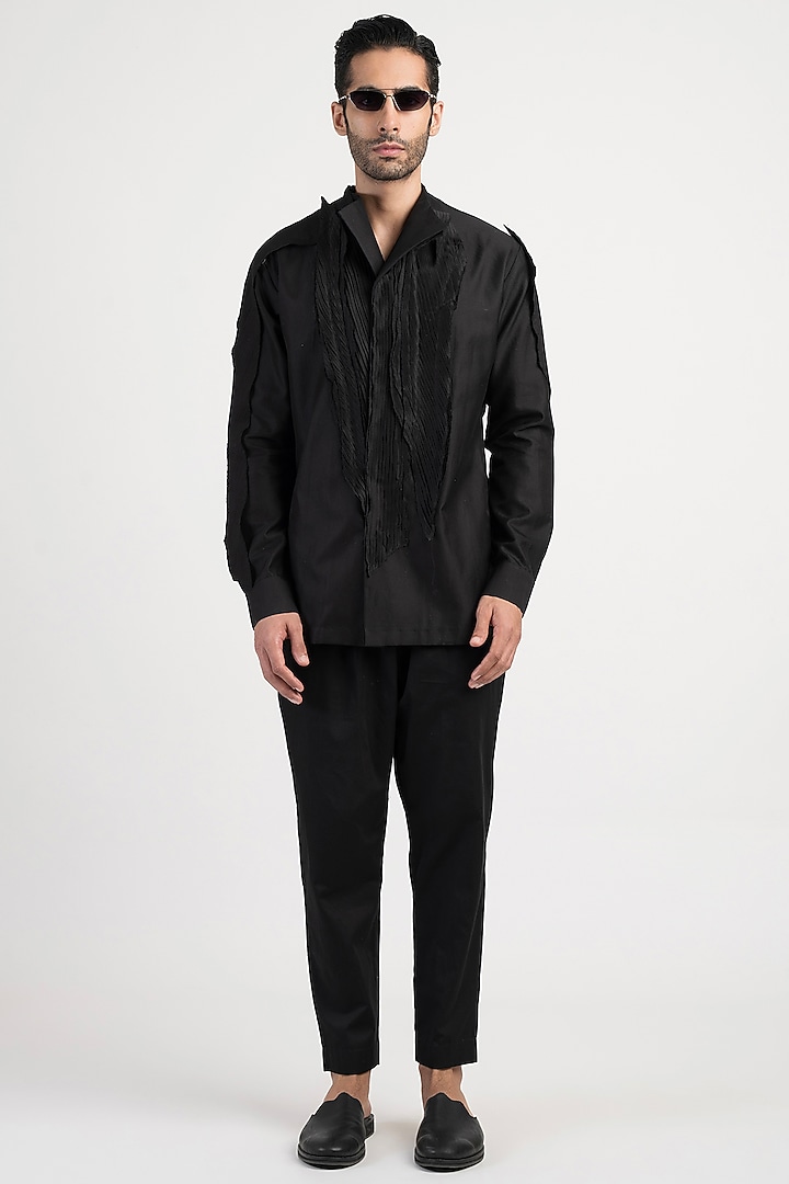 Black Silk Satin Wedding Shirt by Antar Agni Men at Pernia's Pop Up Shop