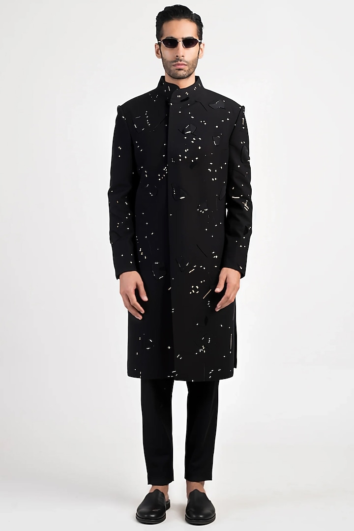 Black Silk Blend Long Jacket by Antar Agni Men at Pernia's Pop Up Shop