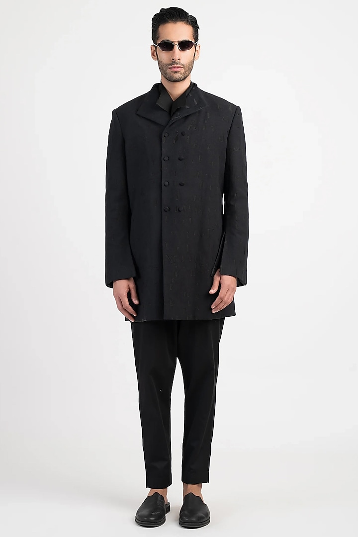 Black Handwoven Cotton Wedding Bandhgala by Antar Agni Men at Pernia's Pop Up Shop