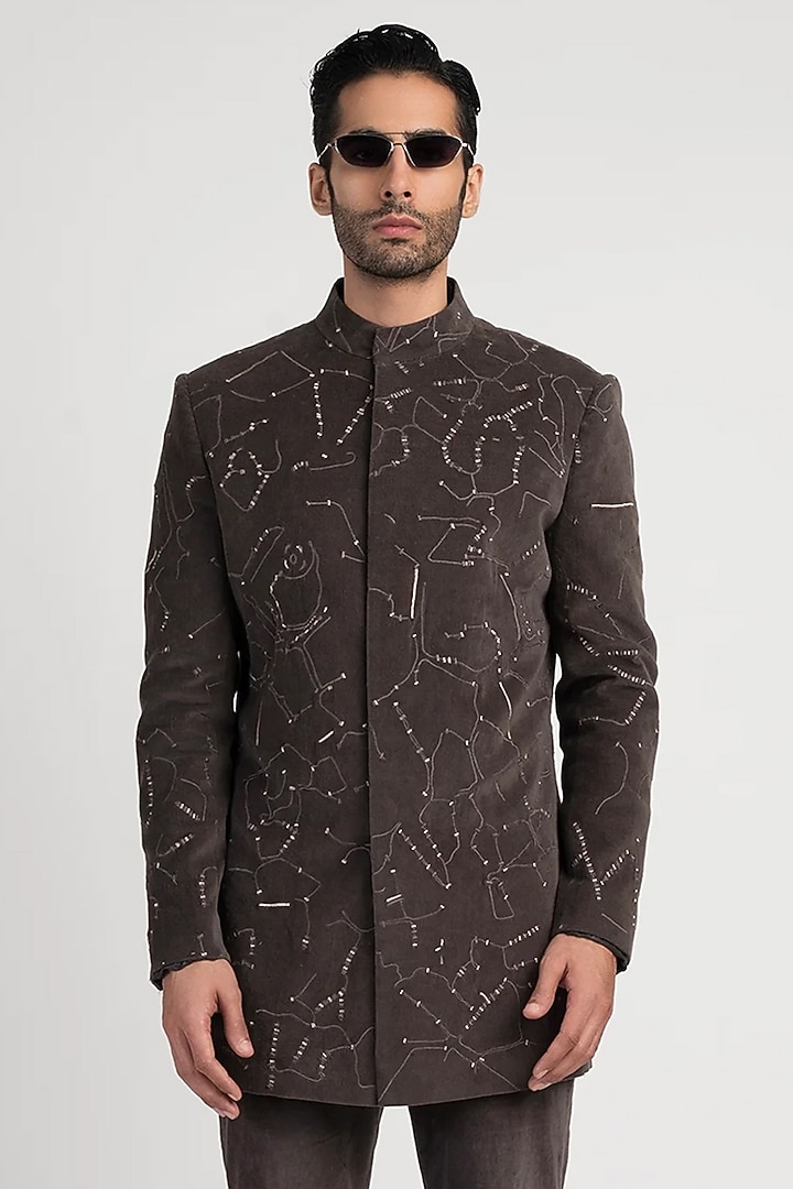 Grey Velvet Wedding Bandhgala by Antar Agni Men at Pernia's Pop Up Shop