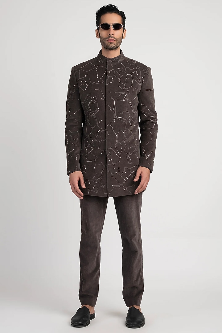 Grey Velvet Wedding Bandhgala by Antar Agni Men at Pernia's Pop Up Shop