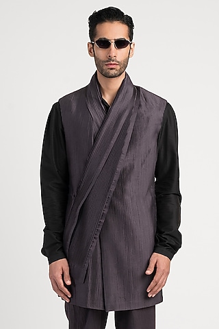 Purple Cotton Silk Waistcoat by Antar Agni Men