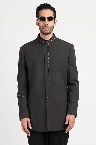 Grey Handwoven Cotton Embroidered Bandhgala by Antar Agni Men