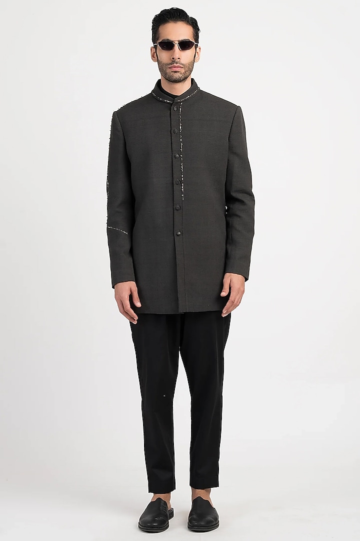 Grey Handwoven Cotton Embroidered Wedding Bandhgala by Antar Agni Men at Pernia's Pop Up Shop