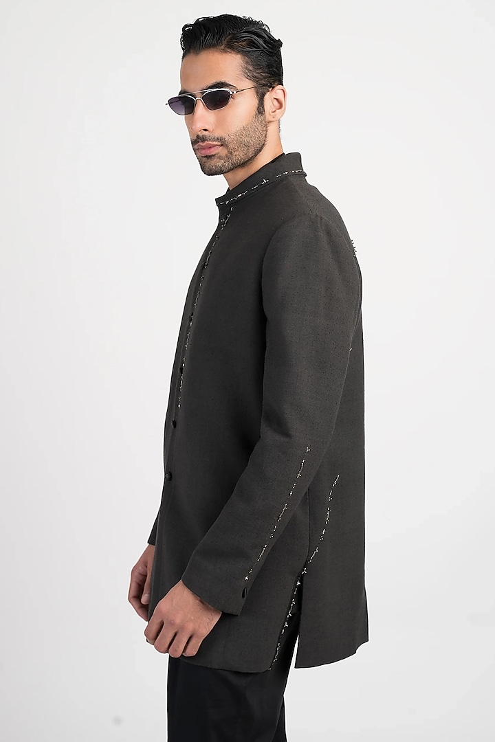Grey Handwoven Cotton Embroidered Wedding Bandhgala by Antar Agni Men at Pernia's Pop Up Shop