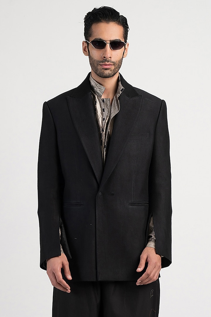 Black Handwoven Cotton Jacket by Antar Agni Men at Pernia's Pop Up Shop