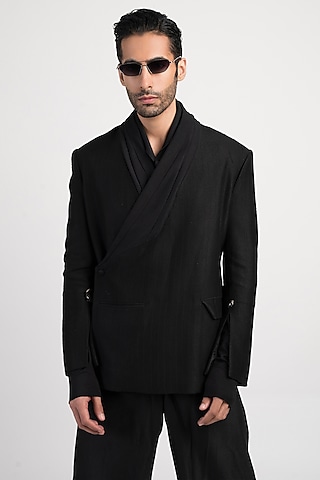 Black Silk Satin Jacket by Antar Agni Men