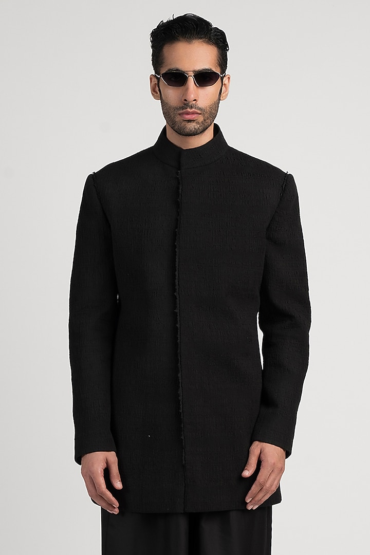 Black Handwoven Cotton Wedding Bandhgala by Antar Agni Men at Pernia's Pop Up Shop