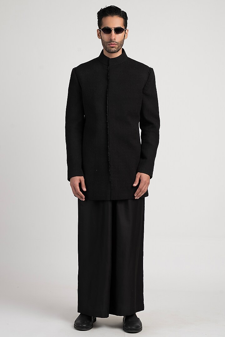 Black Handwoven Cotton Wedding Bandhgala by Antar Agni Men at Pernia's Pop Up Shop