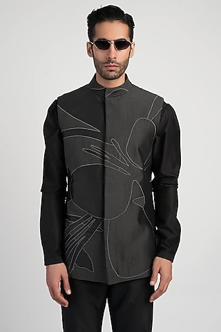 Grey Cotton Silk Waistcoat by Antar Agni Men