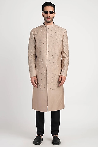 Hemp-Colored Silk Blend Long Jacket by Antar Agni Men